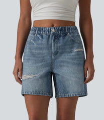Mid Rise Denim Print French Terry Casual Sweat Shorts 5'' with Pockets