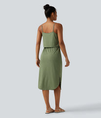 Drawstring Curved Split Hem Midi Casual Slip Dress