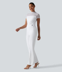 DayStretch Round Neck Short Sleeve Contrast Mesh Jumpsuit-Easy Peezy Edition
