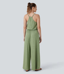 Adjustable & Removable Strap Pocket Wide Leg Jumpsuit
