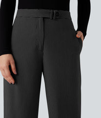 High Waisted Straight Leg Stripe Work Pants with Pockets
