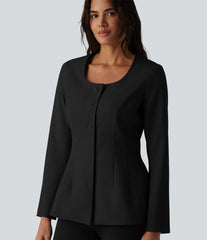 Wrinkle Recovery U Neck Long Sleeve Work Linen-Feel Blazer