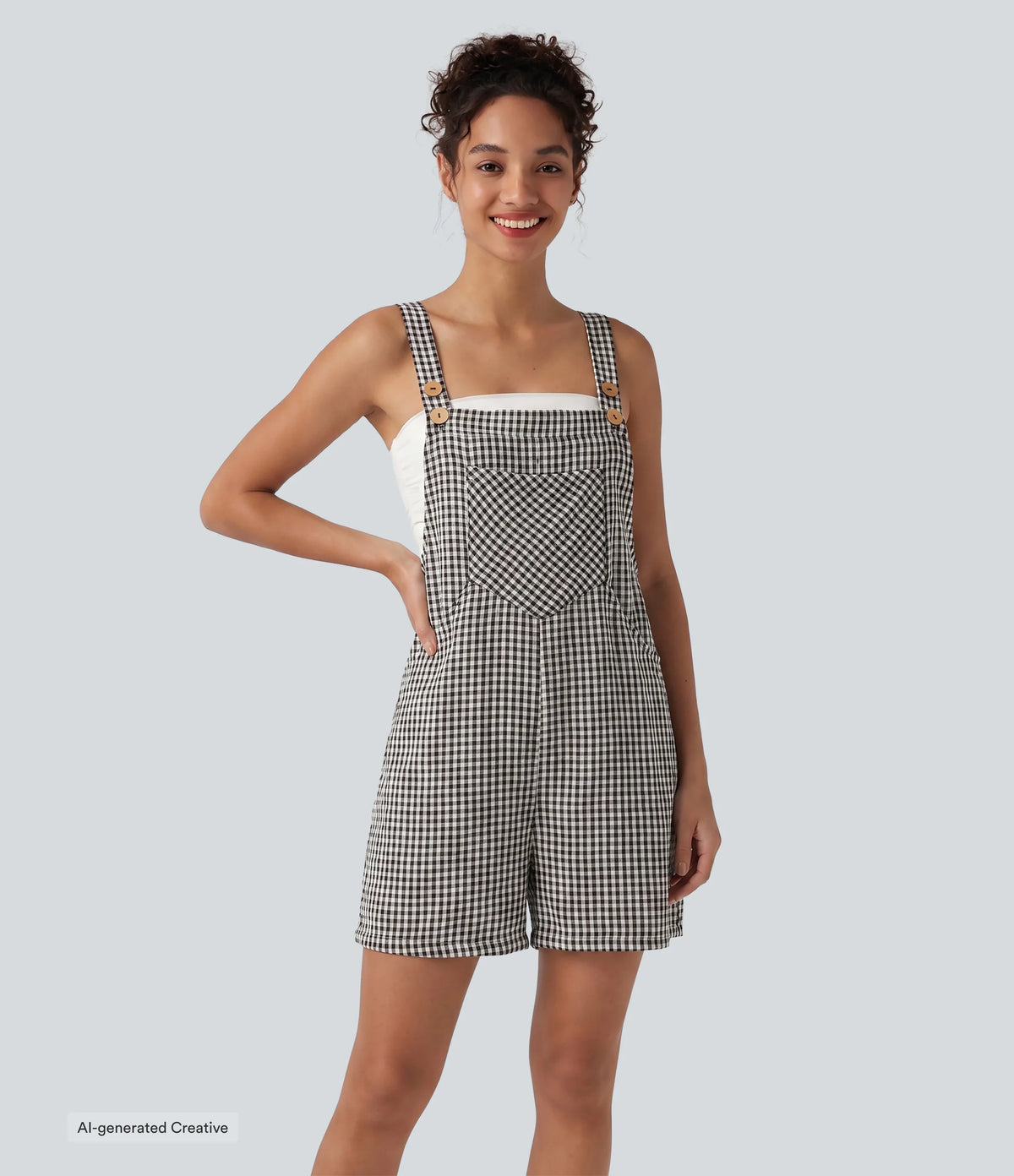 Plaid Casual Linen-Feel Short Overalls with Pockets