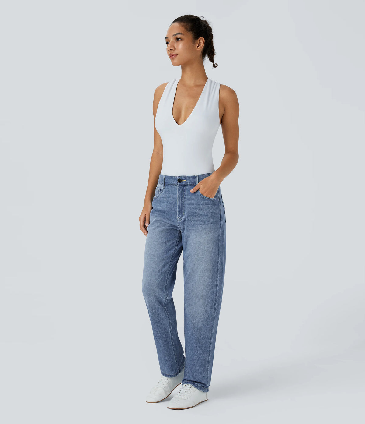 Halara Flex™ Mid Low Rise Zipper Pockets Washed Casual Mom Jeans