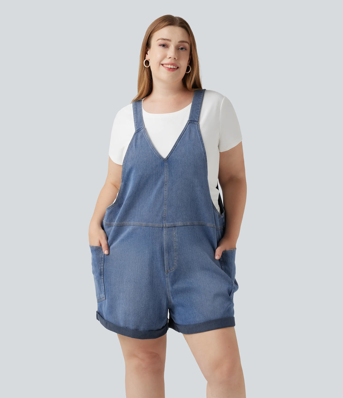 Plus Size Halara Flex™ V Neck Rolled Hem Washed Denim Casual Short Overalls with Pockets