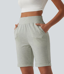 High Waisted Rolled Hem Casual Bermuda Sweat Shorts with Pockets