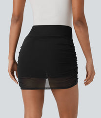 High Waisted Ruched 2-in-1 Pocket Contrast Mesh Bodycon Mini Casual Skirt