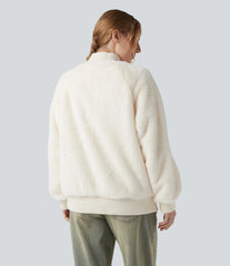 Zipper Long Sleeve Casual Sherpa Bomber Jacket with Pockets