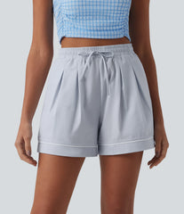 High Waisted Drawstring Pleated Quick Dry Crinkle Resort Baggy Shorts with Pockets