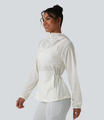 Hooded Drawstring Contrast Mesh Workout Jacket with Pockets