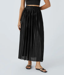High Waisted Plisse Flowy Maxi Satin-Like Casual Skirt