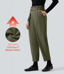 SoftlyZero™ Plush Thermal Super High Waisted Belted Tapered Work Pants with Pockets