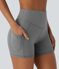 Faux Leather High Waisted Pocket Yoga Biker Shorts 4''