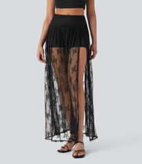High Waisted 2-in-1 Lace Maxi Casual Skirt with Pocket