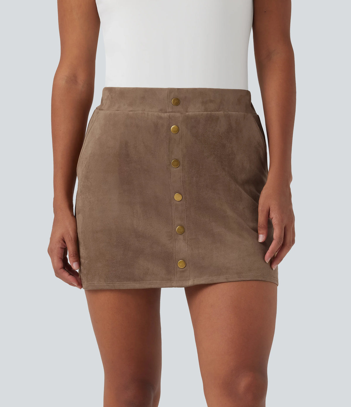 High Waisted 2-in-1 A-line Mini Suede Casual Skirt with Pockets