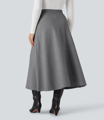 High Waisted Fleece Midi Casual A-line Skirt with Pockets