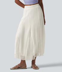 High Waisted Invisible Zipper Midi Contrast Lace Chiffon Party Flowy Skirt