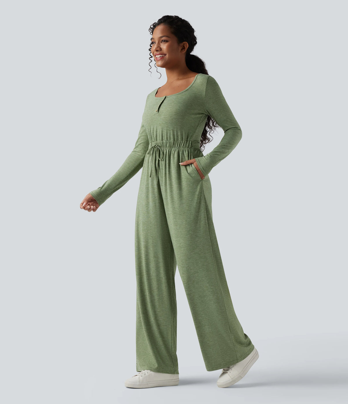Henley Long Sleeve Drawstring Heathered Casual Baggy Jumpsuit with Pockets-Easy Peezy