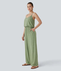 Adjustable & Removable Strap Pocket Wide Leg Jumpsuit