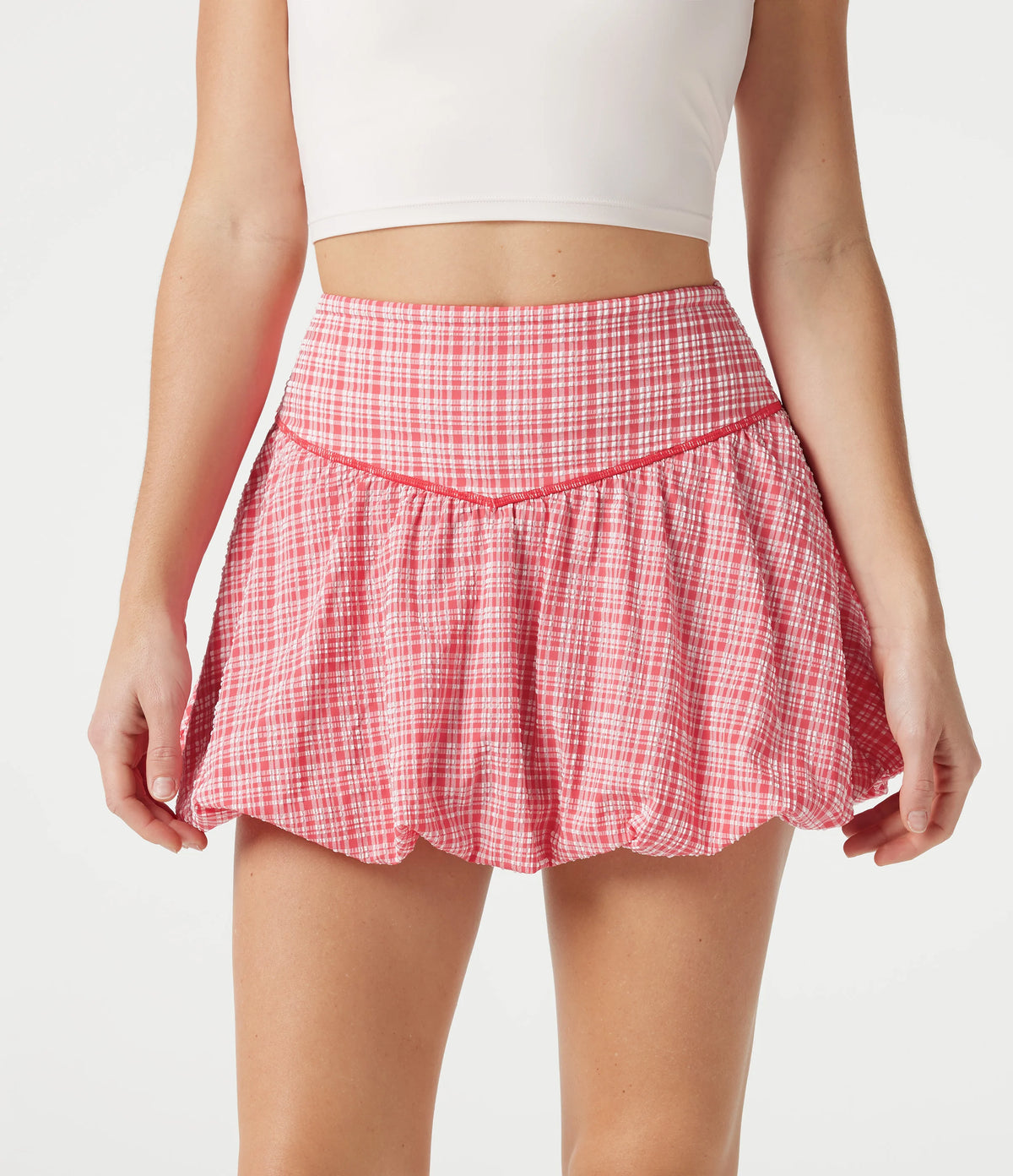 High-waisted 2-in-1 Plaid Crinkle Quick Dry Mini Tennis Bubble Skirt with Pockets