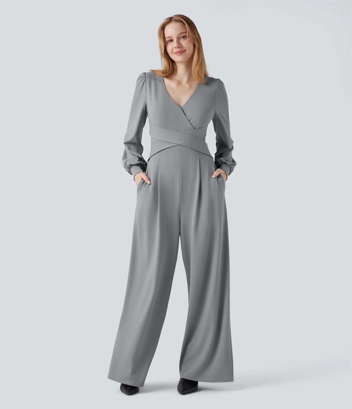 V-neck Puff Long Sleeve Crossover Work Jumpsuit with Pockets-Easy Peezy