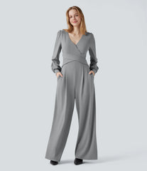 V-neck Puff Long Sleeve Crossover Work Jumpsuit with Pockets-Easy Peezy