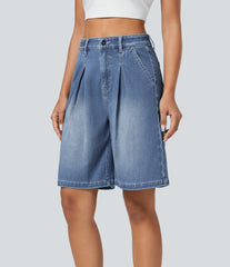 Halara Flex™ High Waisted Zipper Pockets Washed Denim Casual Bermuda Shorts