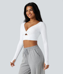 SoftlyZero™ Airy V Neck Cut Out Long Sleeve Thumb Hole InstantCool Cropped Yoga Sports Top-UPF50+
