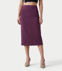 High Waisted Ruched Stretchy Satin-Like Cool Touch Midi Casual Pencil Skirt