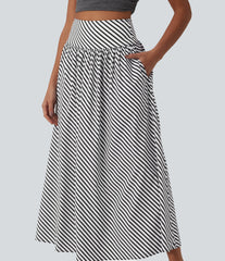 High Waisted Stripe Maxi Casual Flowy Skirt with Pockets