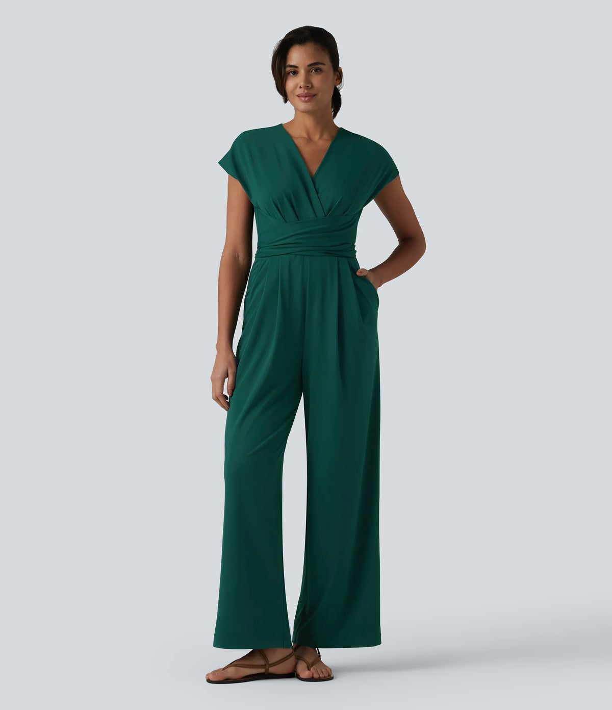 V-neck Short Sleeve Crossover Tie Pleated Work Jumpsuit with Pockets-Easy Peezy