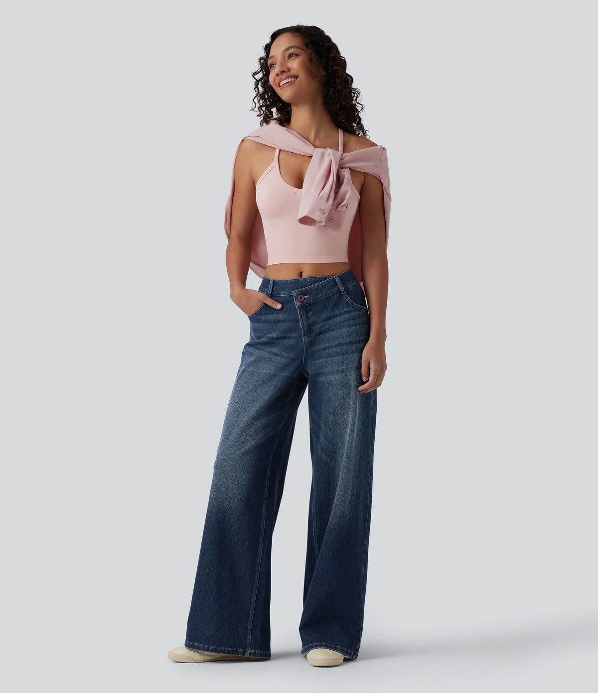 Halara Flex™ Asymmetric Mid Rise Wide Leg Casual Jeans with Pockets