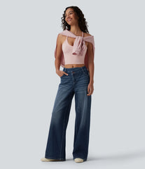 Halara Flex™ Asymmetric Mid Rise Wide Leg Casual Jeans with Pockets