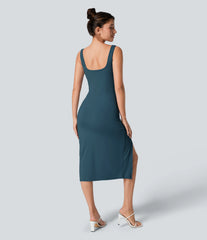 SoftlyZero™ Airy Square Neck Backless Corset Ruched Split Bodycon Midi InstantCool Bridesmaid and Wedding Guest Dress