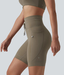 High Waisted Drawstring Plain Yoga Biker Shorts 7'' with Pockets