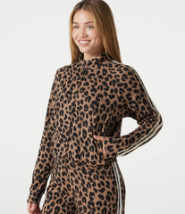 Stand Collar Zipper Long Sleeve Color Block Leopard Print Waffle Casual Jacket with Pockets