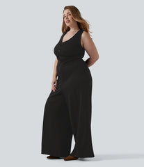 Plus Size V Neck Sleeveless Cut Out Wide Leg InstantCool Stripe Work Jumpsuit with Pockets