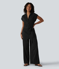 Short Sleeve Belted Stripe InstantCool Work Shirt Jumpsuit with Pockets-Easy Peezy Edition