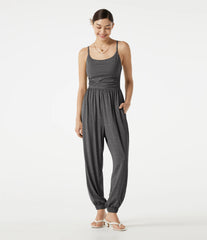Adjustable Straps Ruched Built-in Bra Heathered Casual Jogger Jumpsuit with Pockets-Easy Peezy