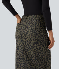 Mid Rise Leopard Print Midi Casual Skirt with Pockets