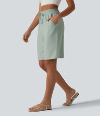 High Waisted Drawstring Casual Linen-Blend Bermuda Shorts 10'' with Pockets