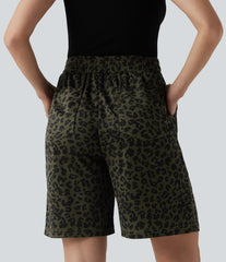 High Waisted Leopard Print Casual Bermuda Shorts with Pockets