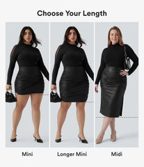 Plus Size High Waisted Tummy Control Ruched Curved Hem 2-in-1 Bodycon Fleece PU Leather Mini Skirt-Longer Length