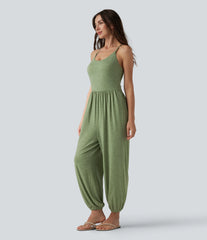Crisscross Backless Sleeveless Built-in Bra Heathered Casual Jumpsuit with Pockets-Easy Peezy