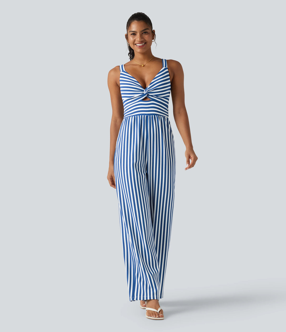 Sleeveless Twisted Shirred Invisible Zipper Built-in Bra Stripes Waffle Casual Jumpsuit with Pockets-Easy Peezy