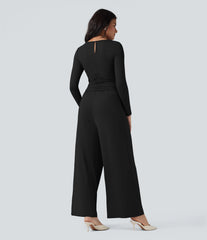Boat Neck Long Sleeve Wide Leg Casual Jumpsuit with Pockets-Easy Peezy Edition