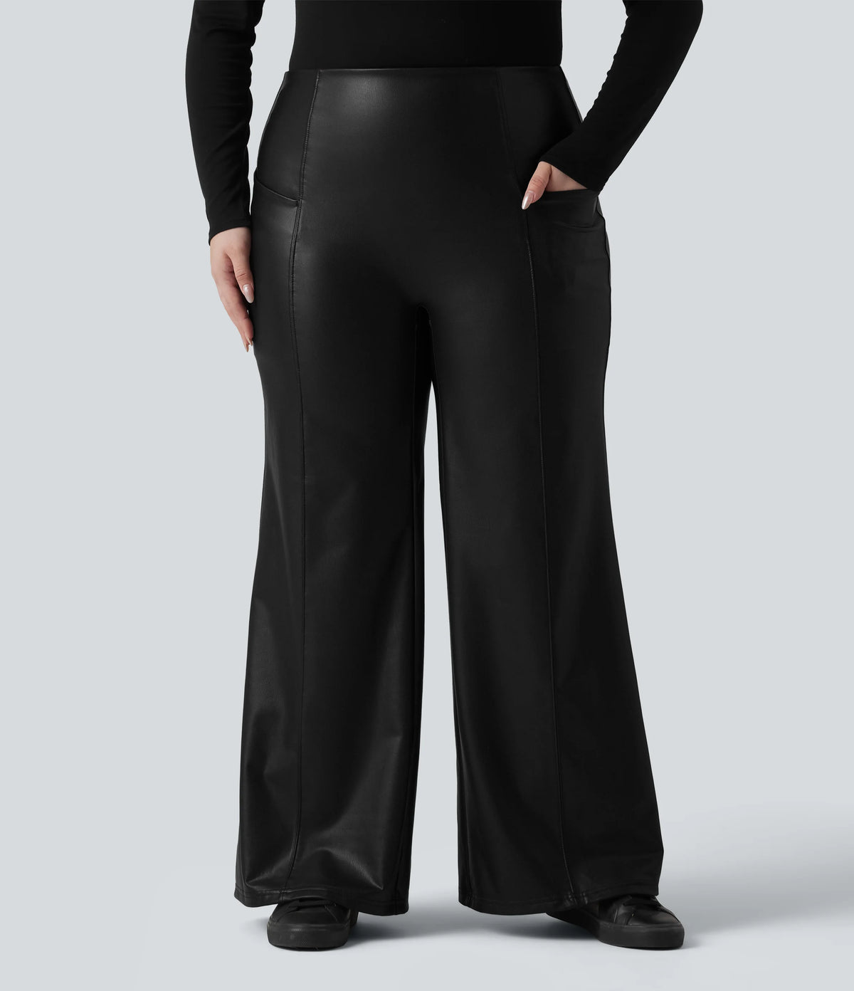 High Waisted Tummy Control Stretchy PU Fleece Casual Plus Size Flare Pants with Pockets
