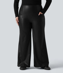 High Waisted Tummy Control Stretchy PU Fleece Casual Plus Size Flare Pants with Pockets