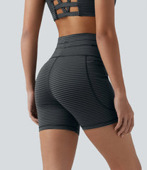 High Waisted Drawstring Striped Yoga Biker Shorts 5'' with Pockets
