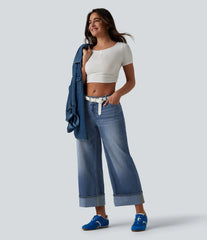 Halara Flex™ Asymmetric Mid Rise Rolled Hem Wide Leg Casual Jeans with Pockets